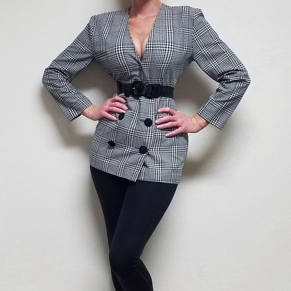 Vintage 80s GSL Black Houndstooth Double Breasted Collarless Blazer Jacket S - Picture 2 of 15